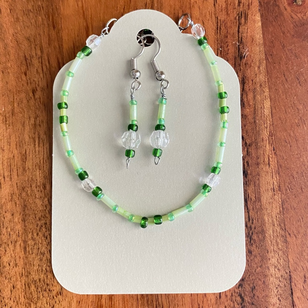 Handmade Beaded Green Earrings and Bracelet Set